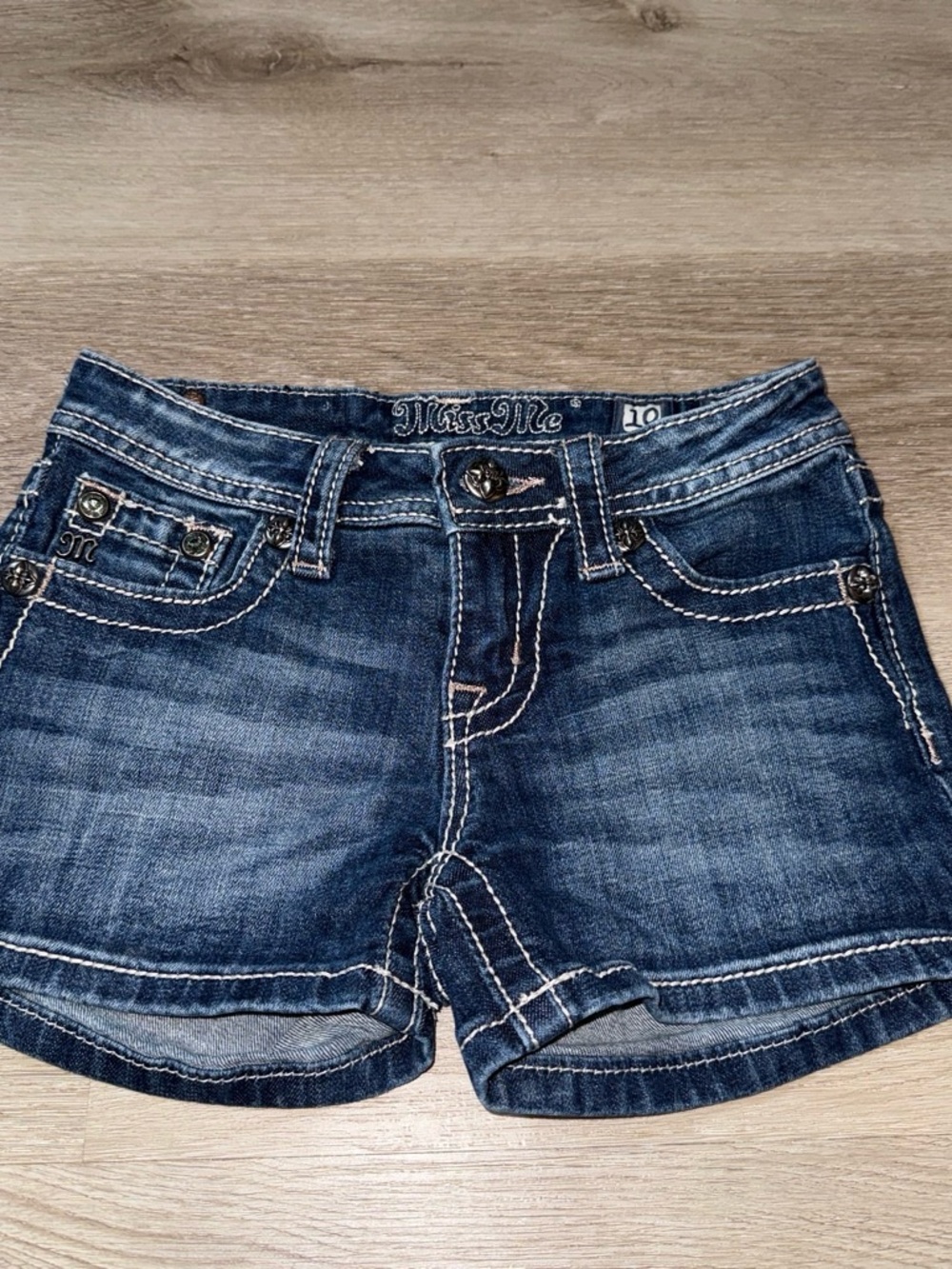 Miss Me Dark Blue Washed Denim Shorts with White Stitching